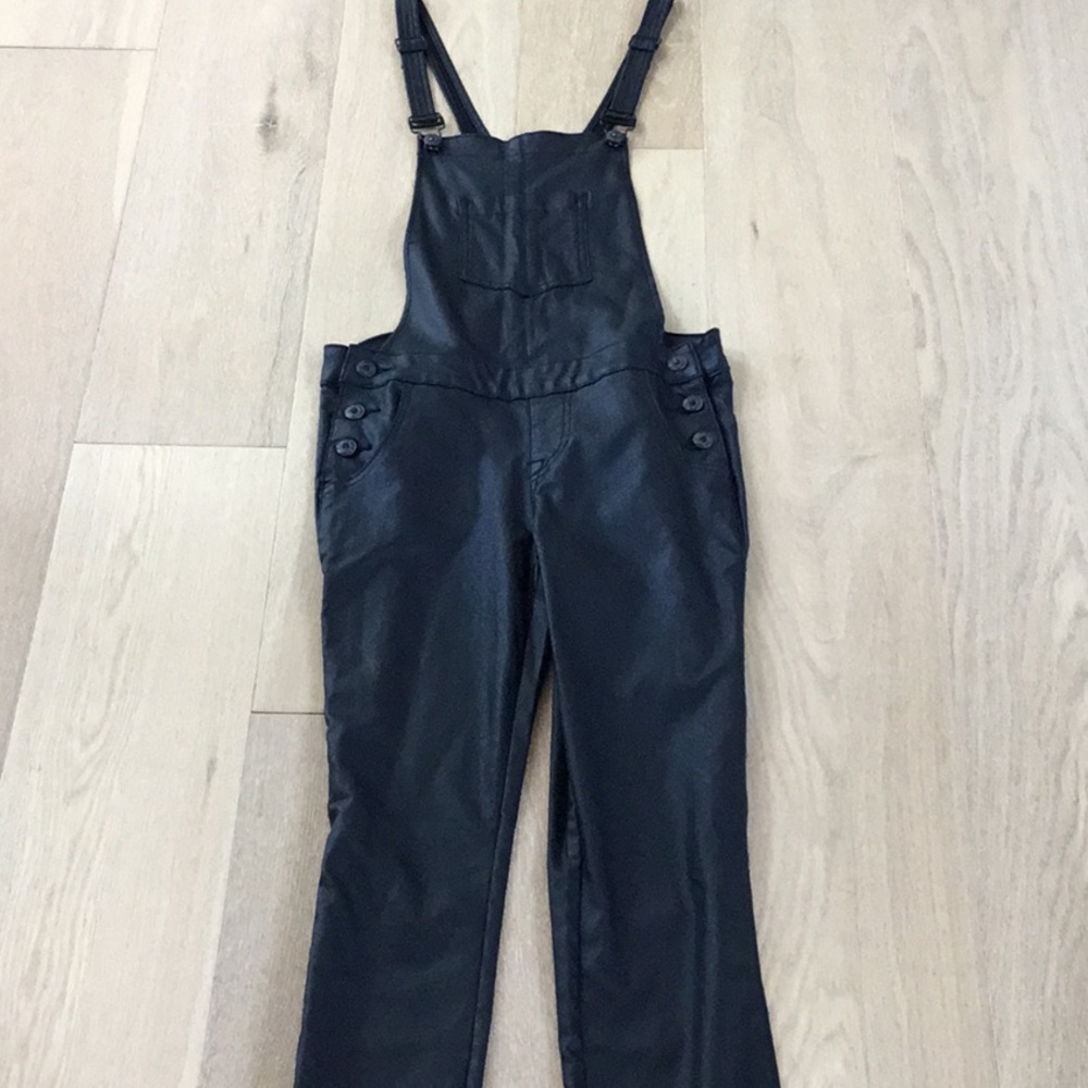 Black leather looking skinny overalls